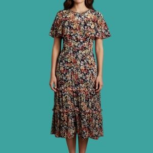 vtg Floral Chiffon Metallic Ruffle Tier Cottage Fairycore Land Girl Dress